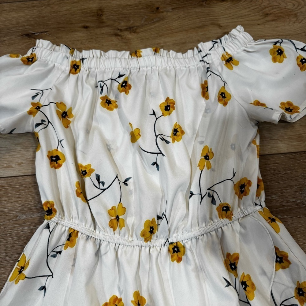 Blush white yellow & blue floral off the shoulder mini dress, faux wrap, M. - Picture 3 of 11